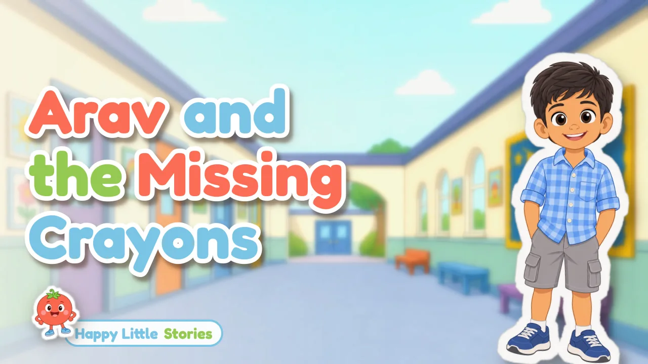 A sample video picture: Arav and the Missing Crayons, with Arav as a cartoon